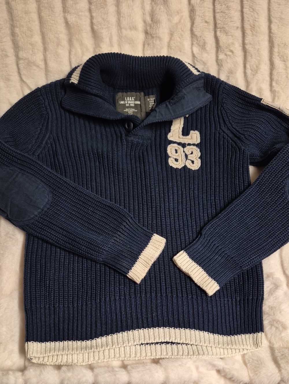 Boy's Navy Knit Pullover Sweater with Ivory Trim